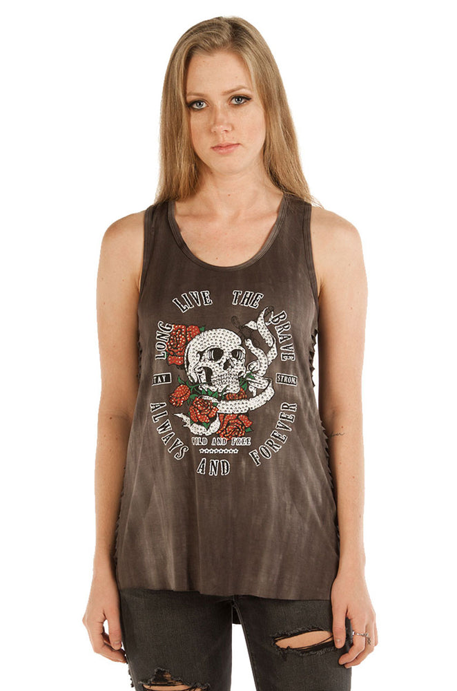 7509CHAR Long Live The Brave Skull and Roses-Womens Shirts-Daniel Smart Mfg - Retail