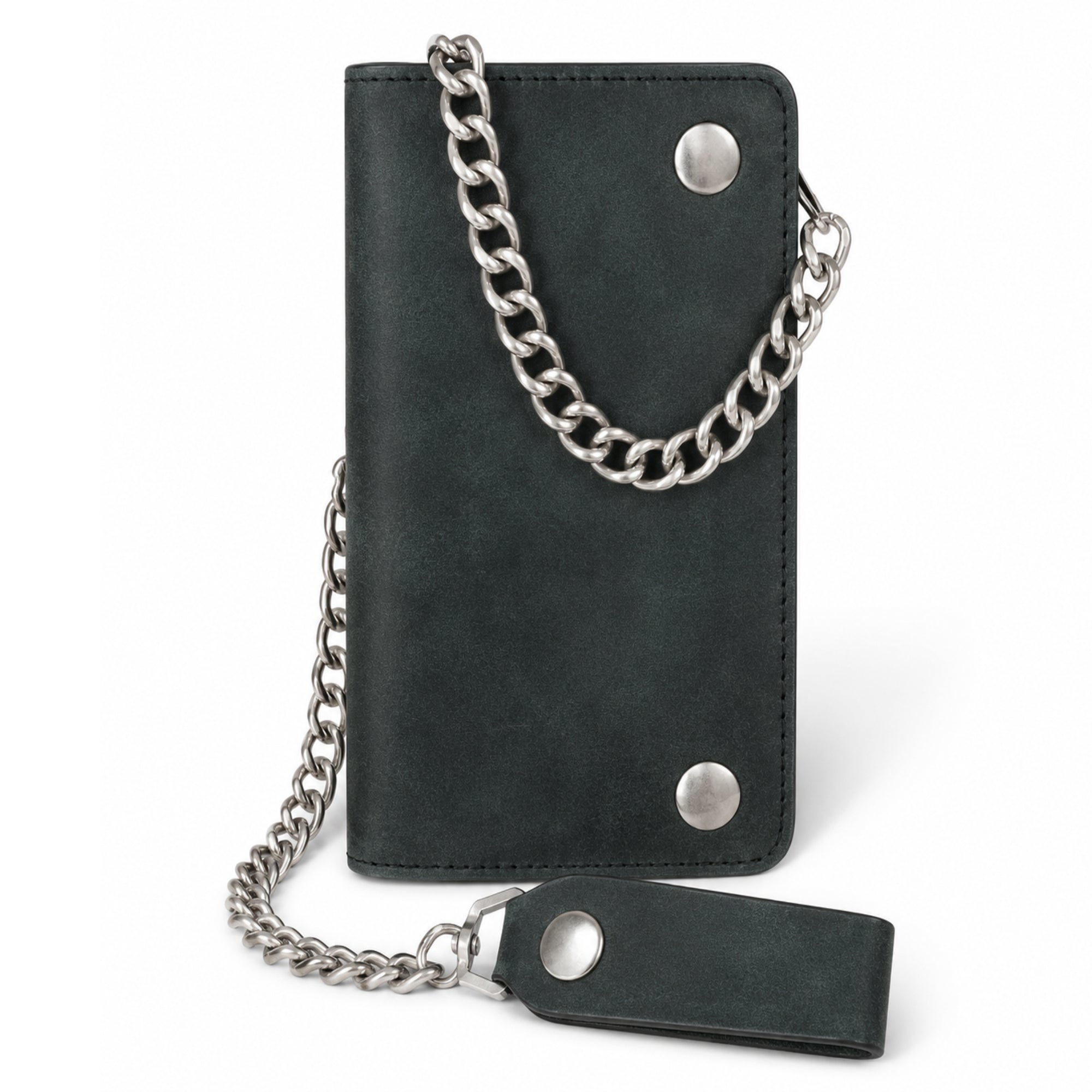 Matte Black Biker Leather Wallet with Chain