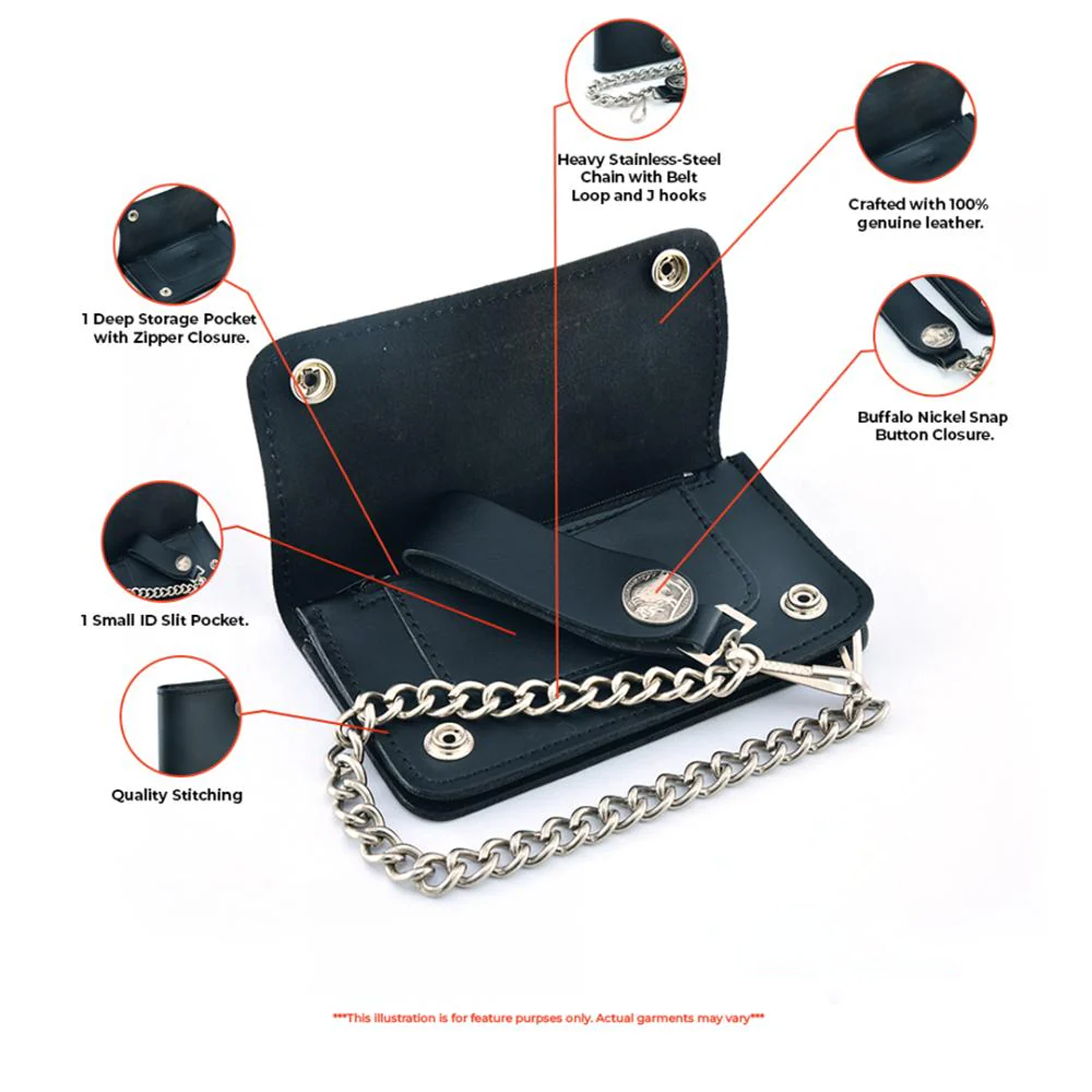 Buffalo Nickel Snap Black Leather Long Bi-Fold Biker Wallet