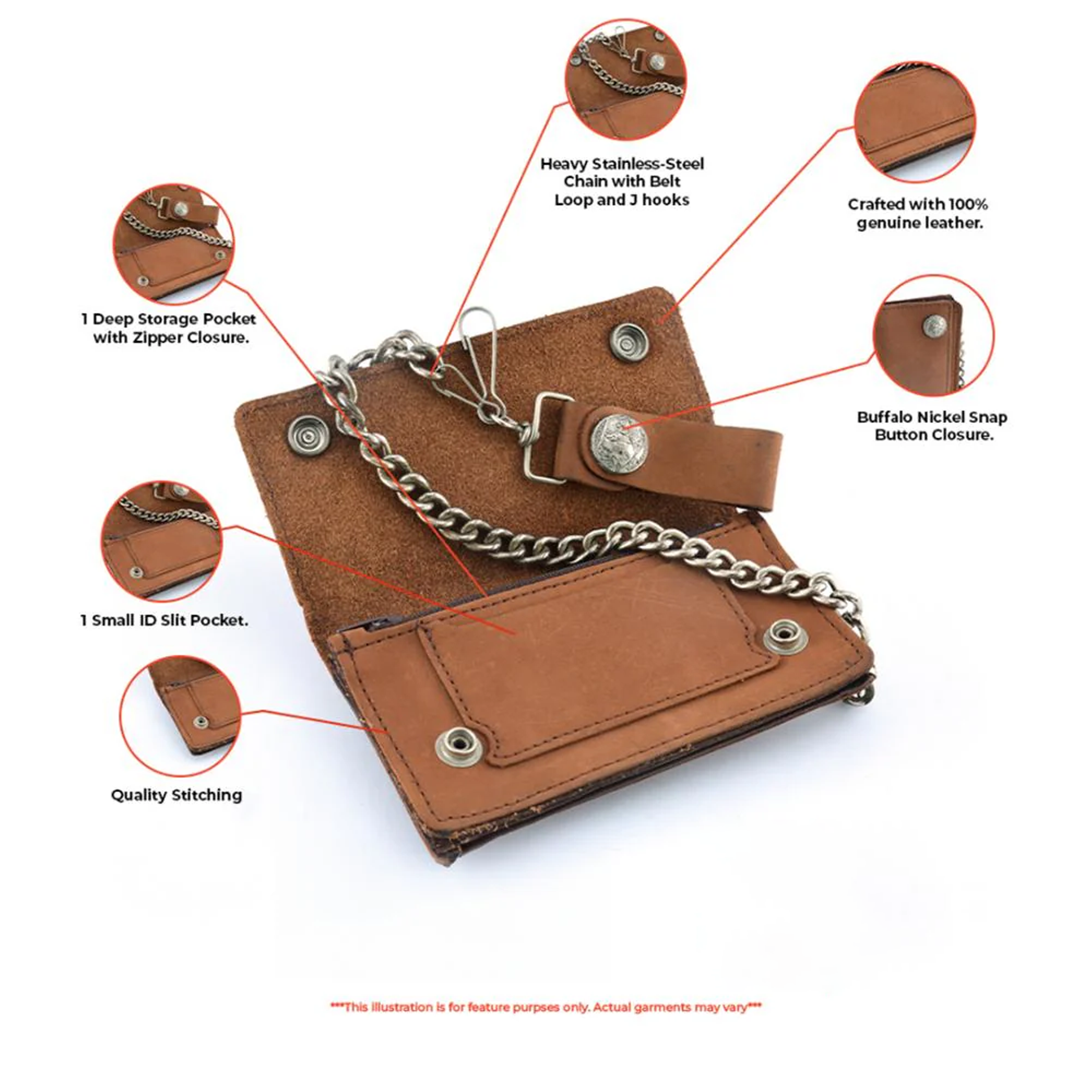 Buffalo Nickel Snap Brown Leather Long Bi-Fold Biker Wallet