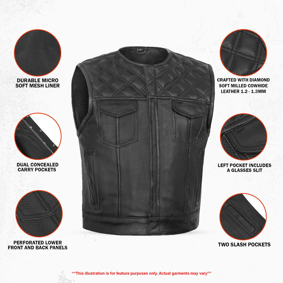 Black Ridge – Men’s Low Cut Perforated Leather Motorcycle Vest