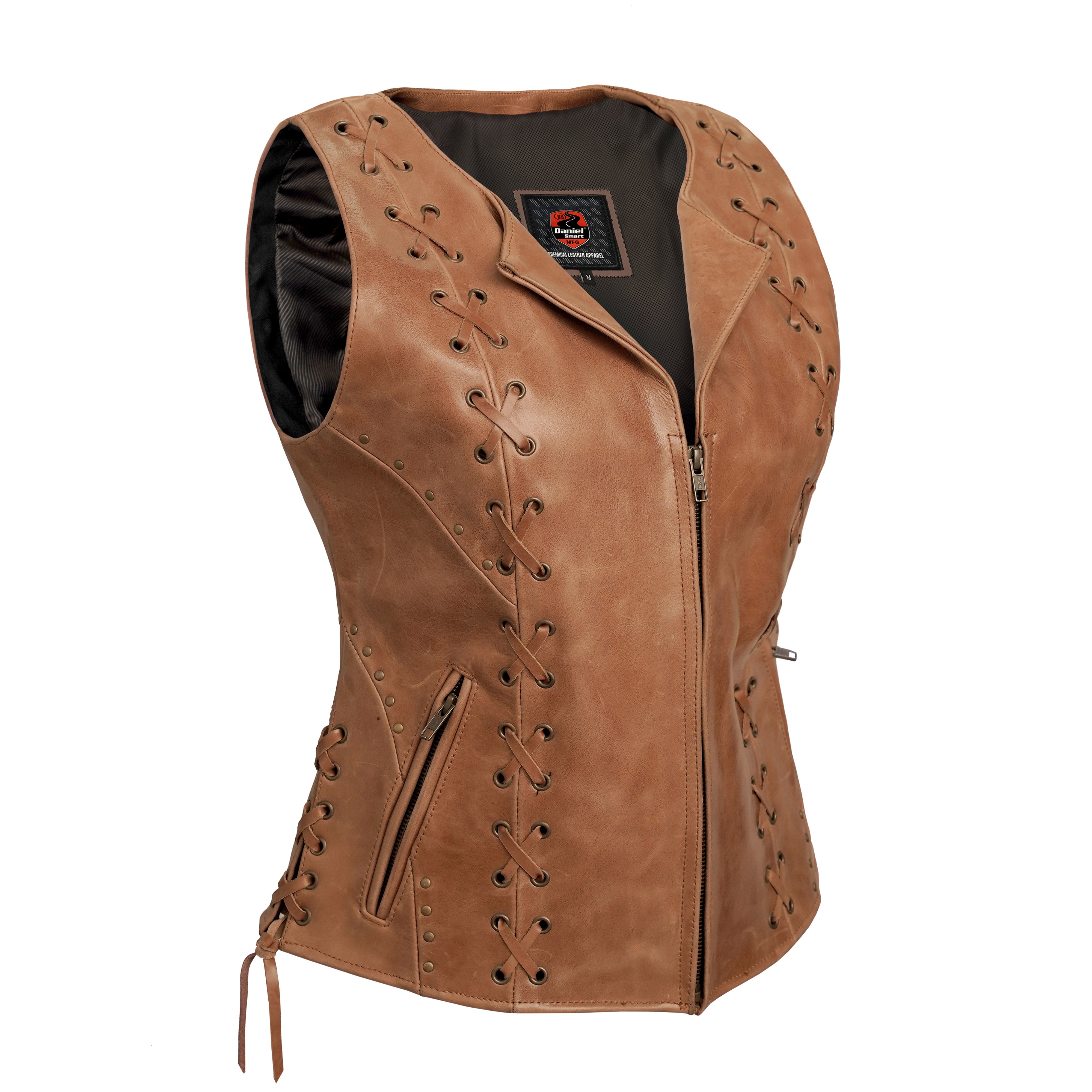 Women's Brown Zippered Leather Motorcycle Vest with Lacing Details