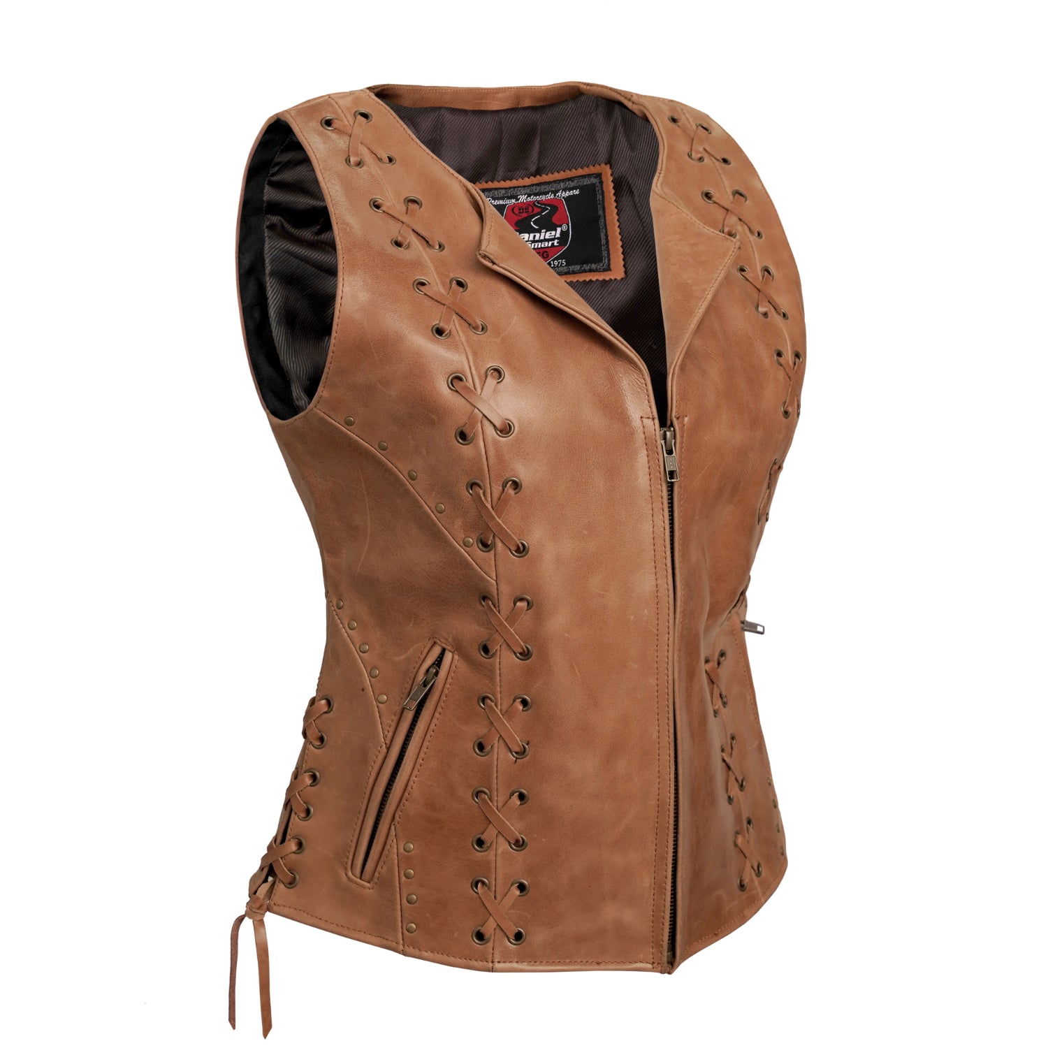 Women's Brown Zippered Leather Motorcycle Vest with Lacing Details