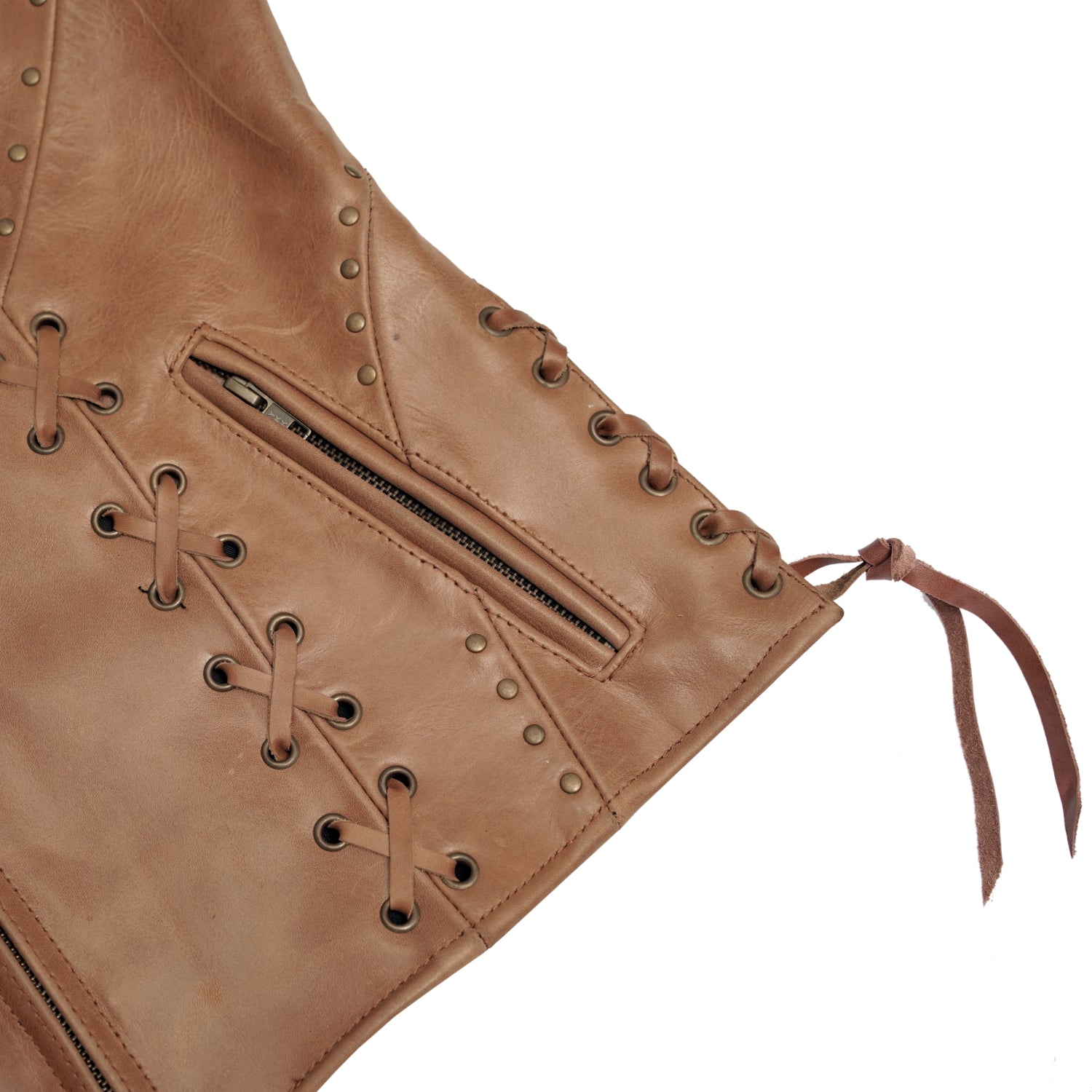 Women's Brown Zippered Leather Motorcycle Vest with Lacing Details