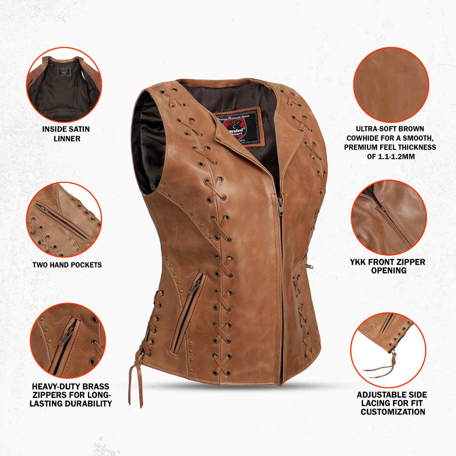 Women's Brown Zippered Leather Motorcycle Vest with Lacing Details