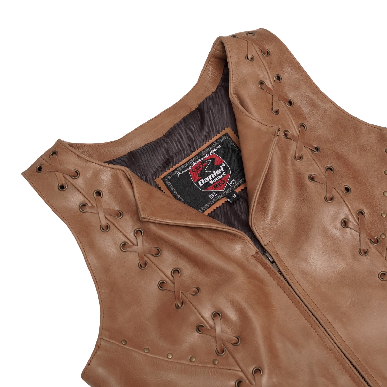 Women's Brown Zippered Leather Motorcycle Vest with Lacing Details