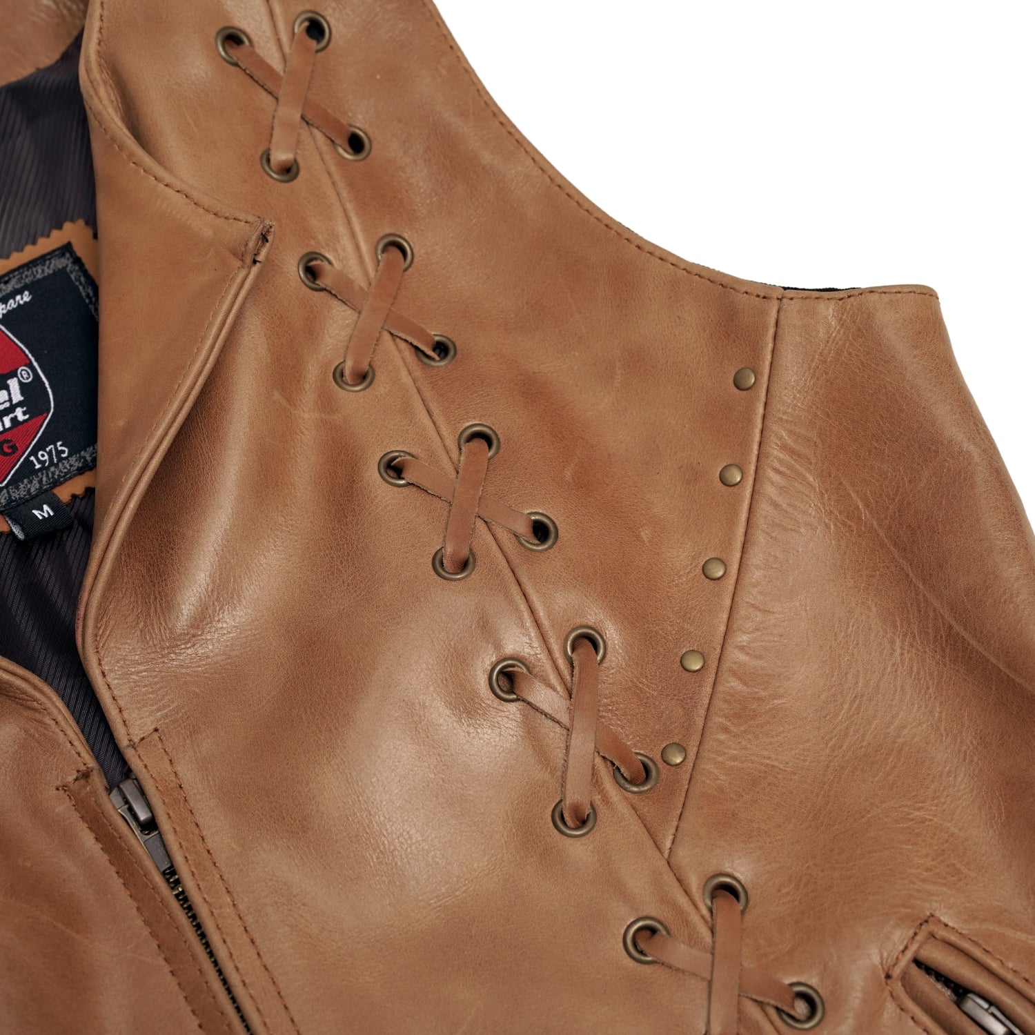 Women's Brown Zippered Leather Motorcycle Vest with Lacing Details