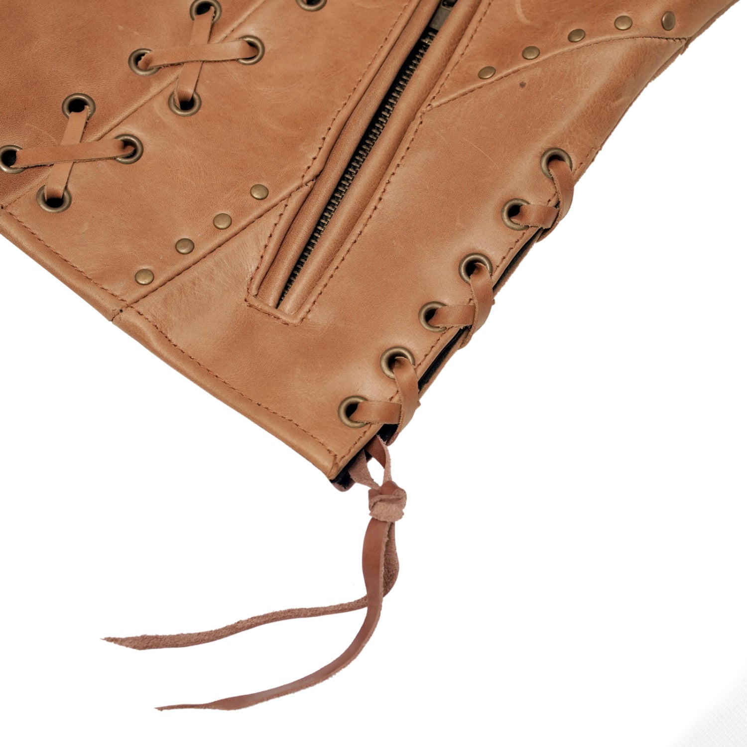 Women's Brown Zippered Leather Motorcycle Vest with Lacing Details