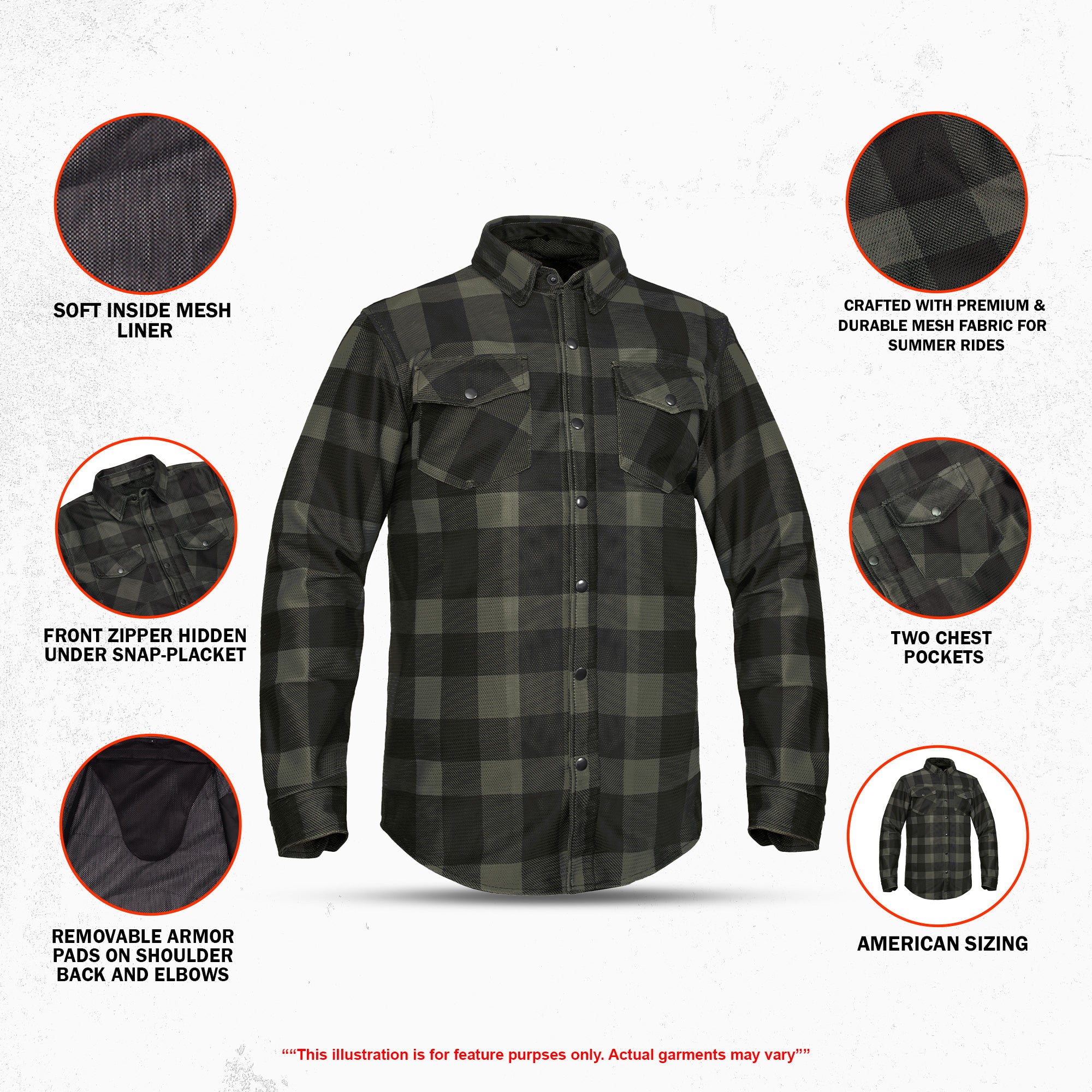 Cedar - Men's Mesh Armored Motorcycle Flannel Shirt - Green & Black