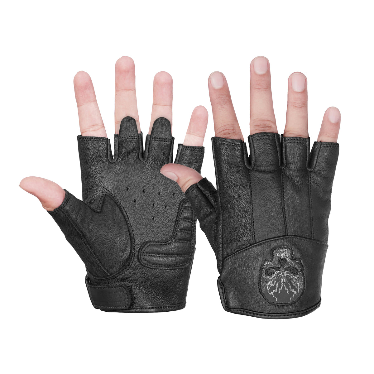 Reflective Skull - Men's Leather Motorcycle Fingerless Gloves