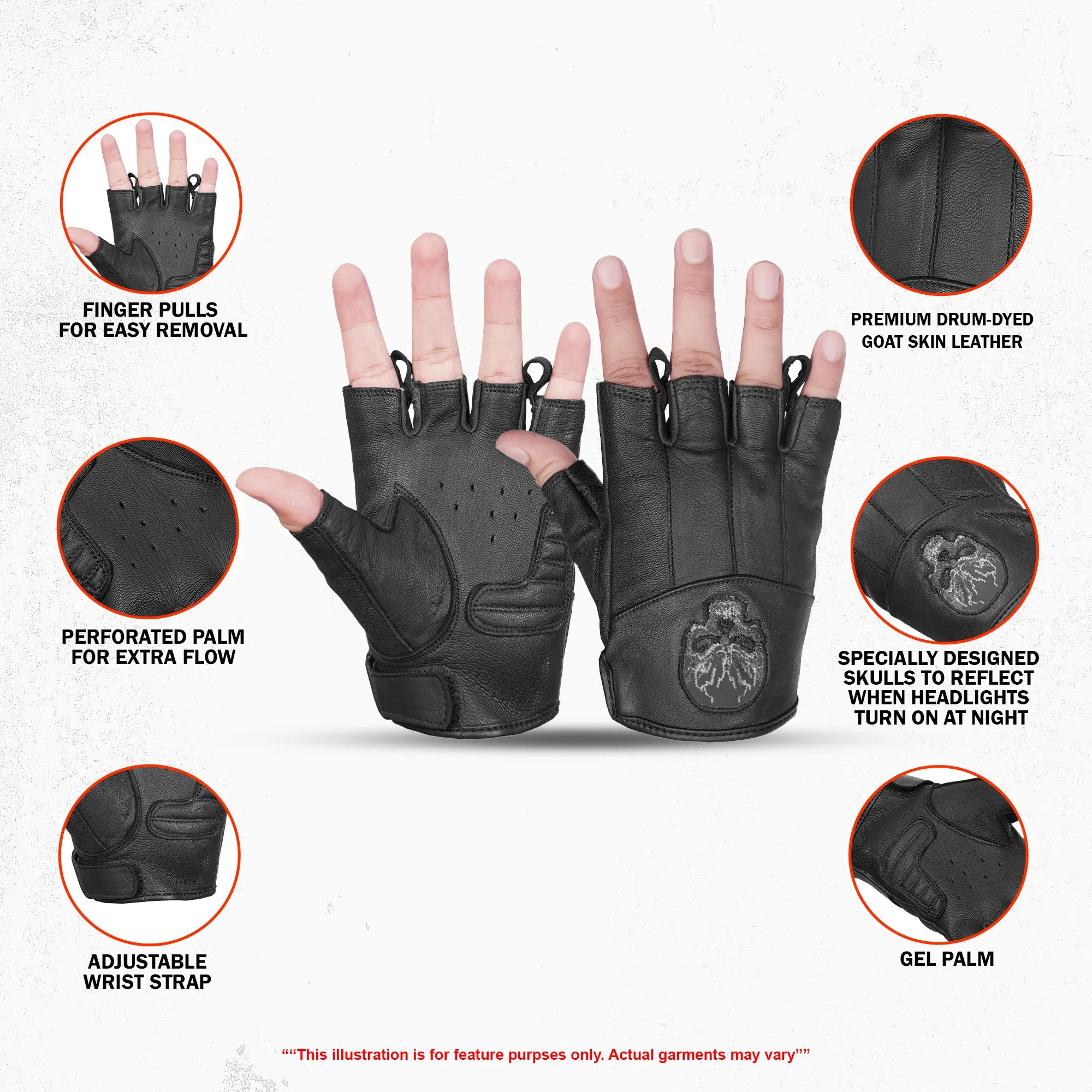 Reflective Skull - Men's Leather Motorcycle Fingerless Gloves