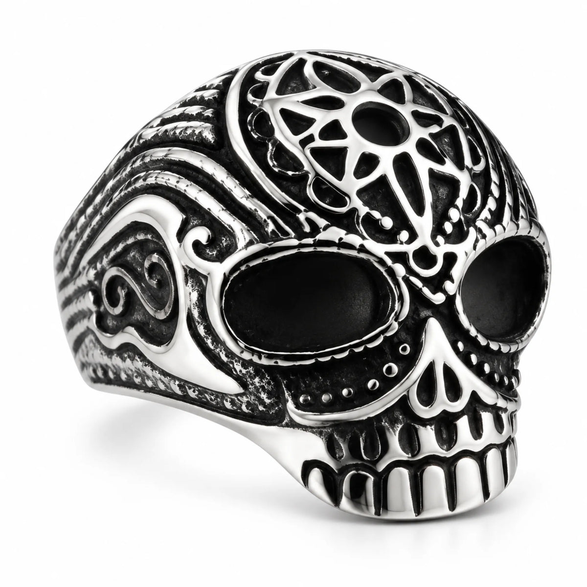Stainless Steel Flower Cane Skull Biker Ring