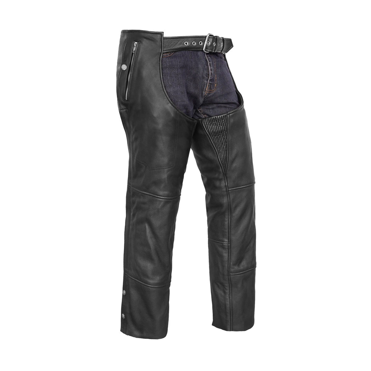 Unisex Double Deep Pocket Thermal Lined Leather Motorcycle Chaps