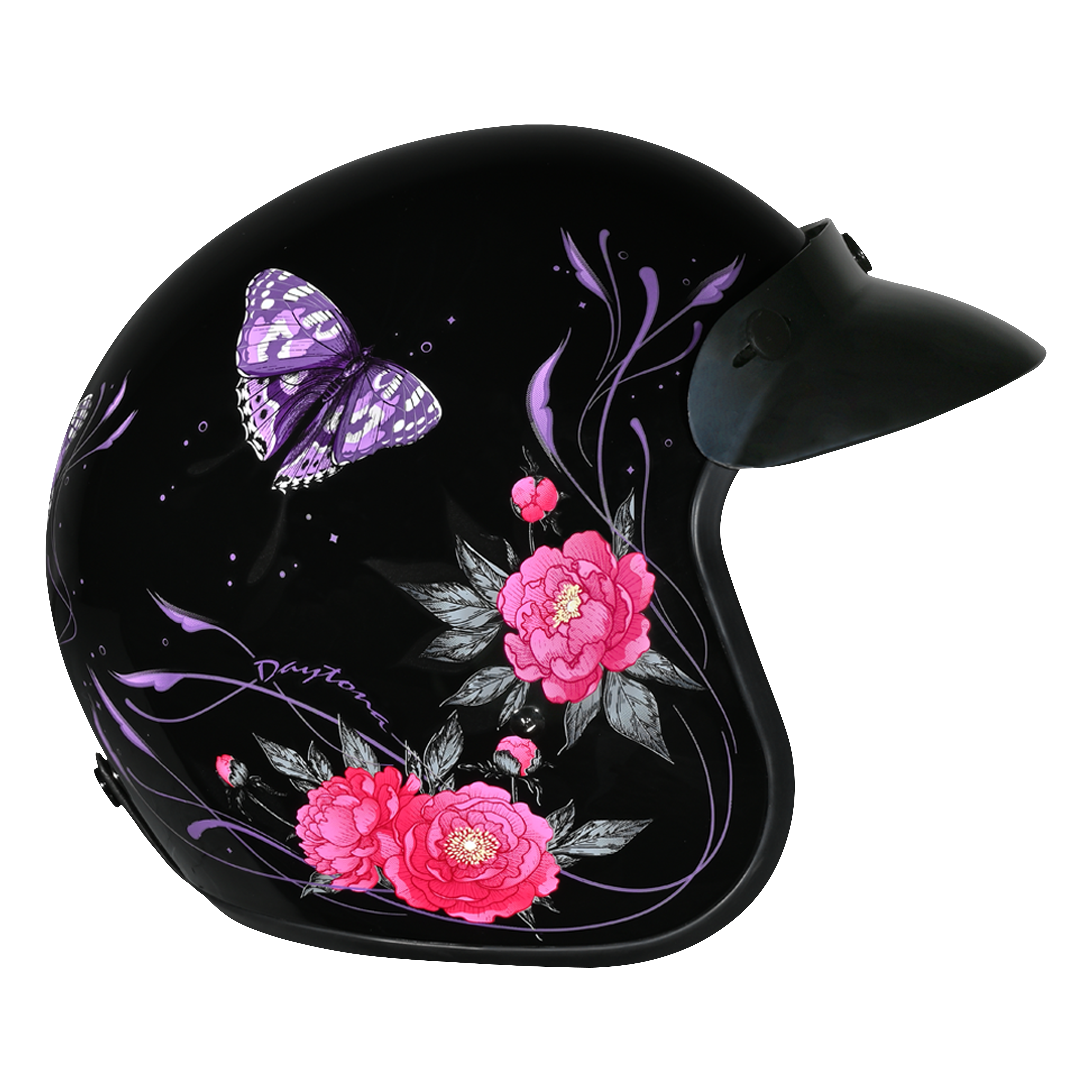 DOT Approved Daytona Cruiser Open Face Motorcycle Helmet - Men, Women & Youth - With Visor & Graphics - W/ Butterfly