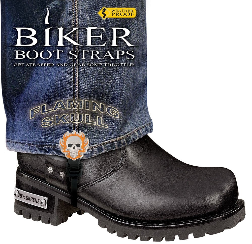 BBS/FS6 Weather Proof- Boot Straps- Flaming Skull- 6 Inch-Biker Boot Straps-Daniel Smart Mfg - Retail