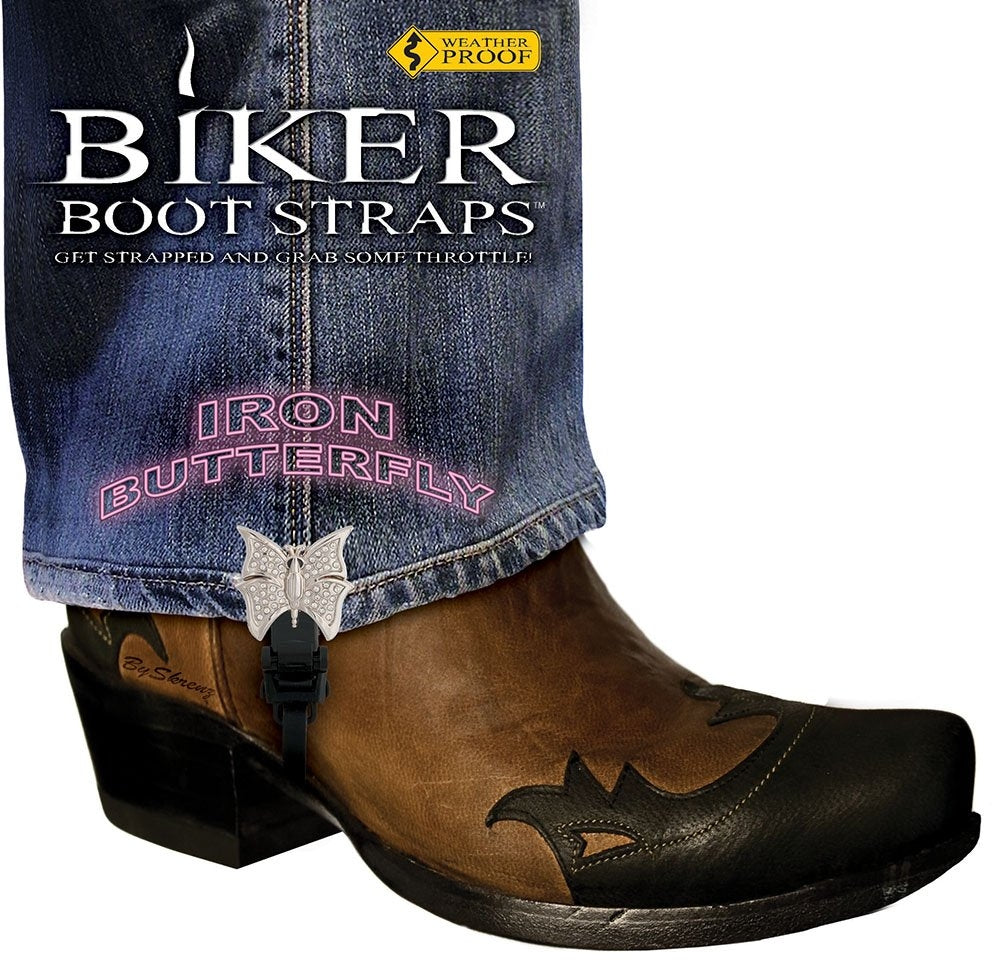 BBS/IB4 Weather Proof- Boot Straps- Iron Butterfly- 4 Inch-Biker Boot Straps-Daniel Smart Mfg - Retail