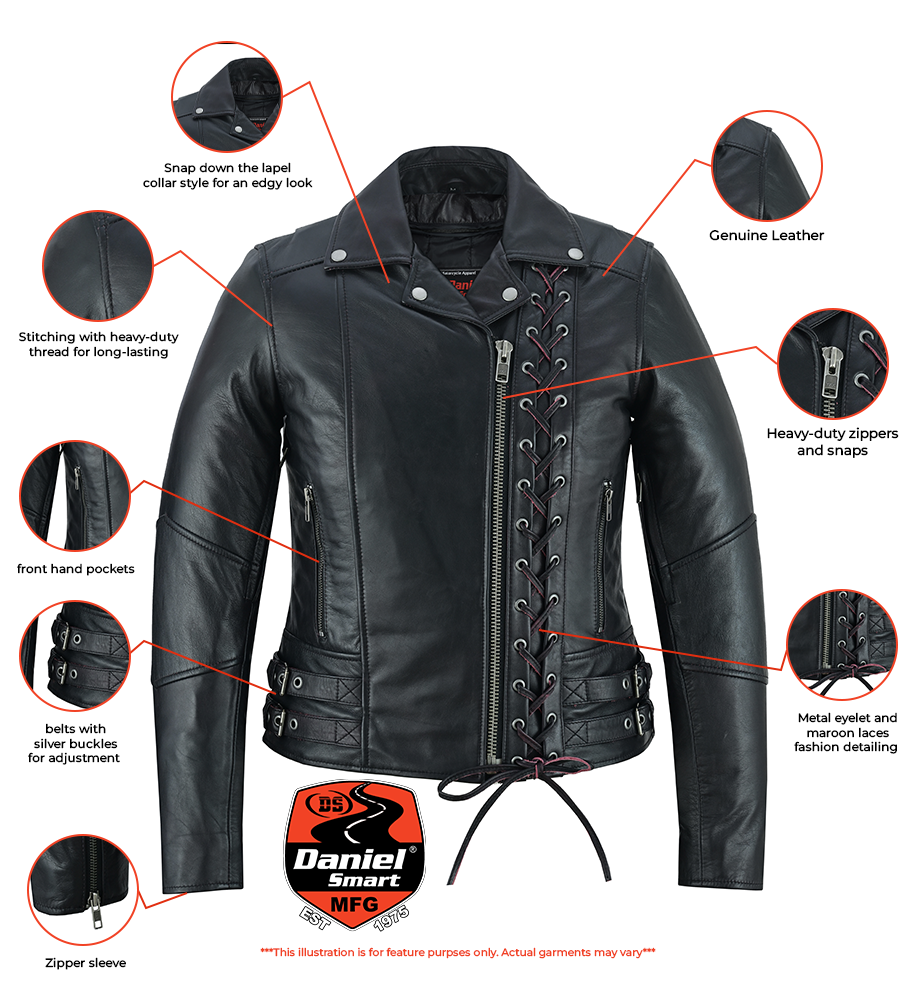 Black Pearl Women's Fashion Leather Jacket with Front Lace Accent-Women's Motorcycle Jackets-Daniel Smart Mfg - Retail