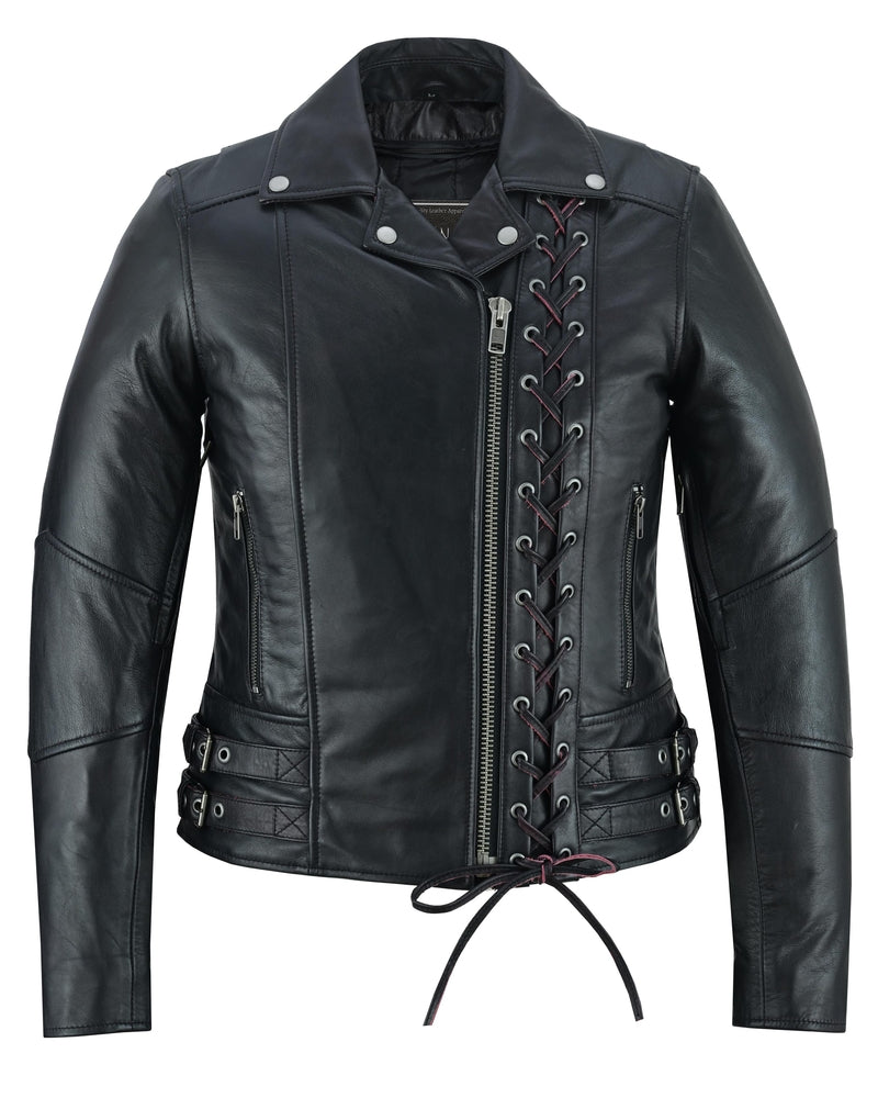 Black Pearl Women's Fashion Leather Jacket with Front Lace Accent-Women's Motorcycle Jackets-Daniel Smart Mfg - Retail