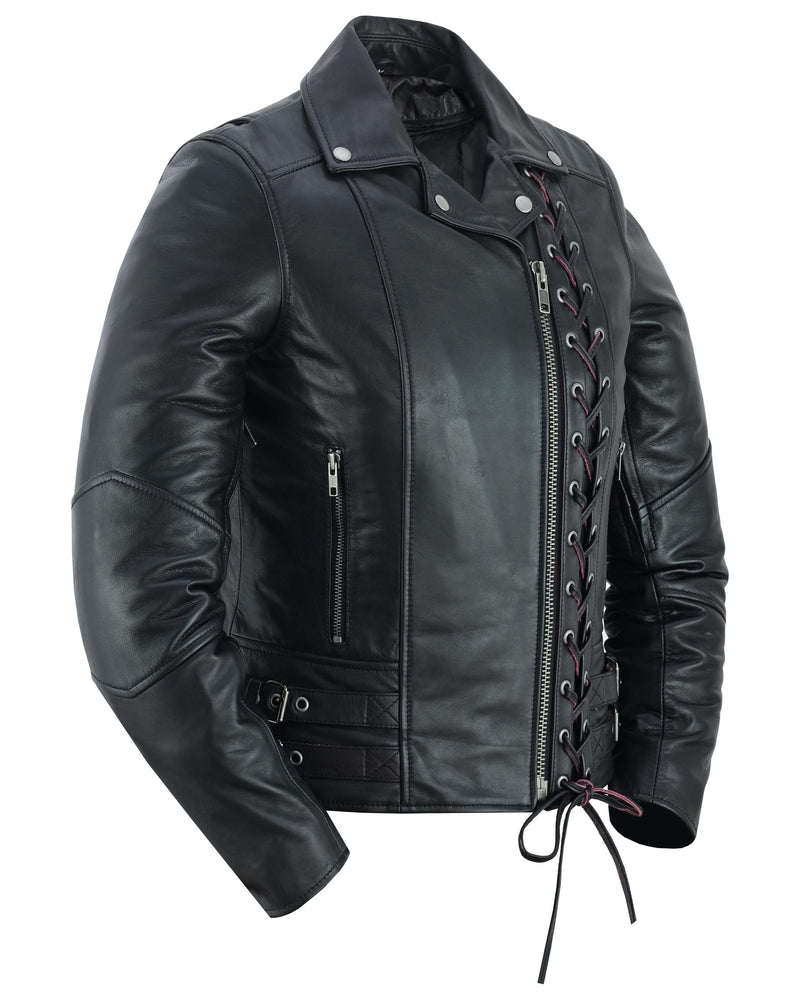 Black Pearl Women's Fashion Leather Jacket with Front Lace Accent-Women's Motorcycle Jackets-Daniel Smart Mfg - Retail