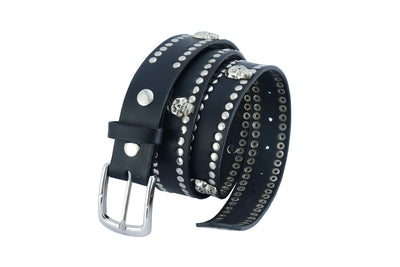 BLT2018 Black Leather Belt with Silver Studs and Skulls-Belts-Daniel Smart Mfg - Retail