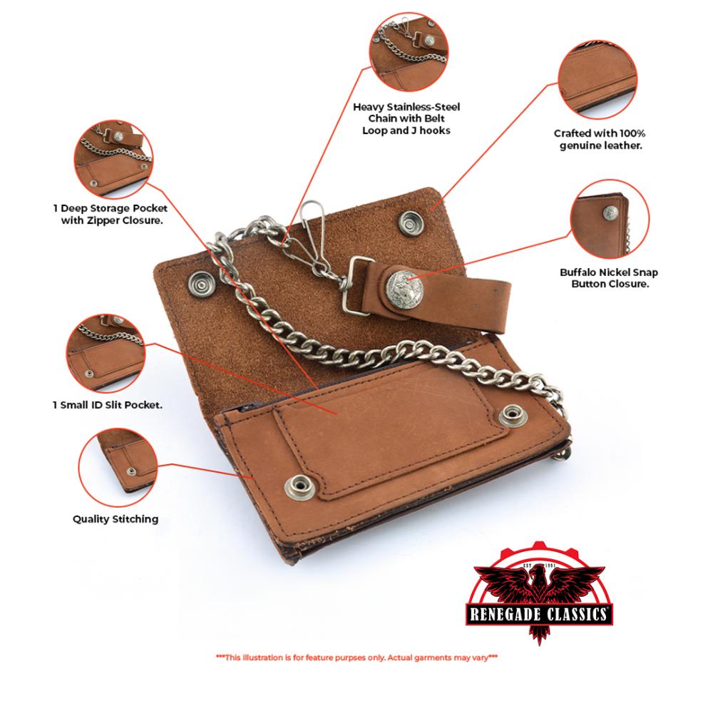 BWC231 Buffalo Nickel Snap Brown Leather Long Bi-Fold Biker Wallet-wallets-Daniel Smart Mfg - Retail
