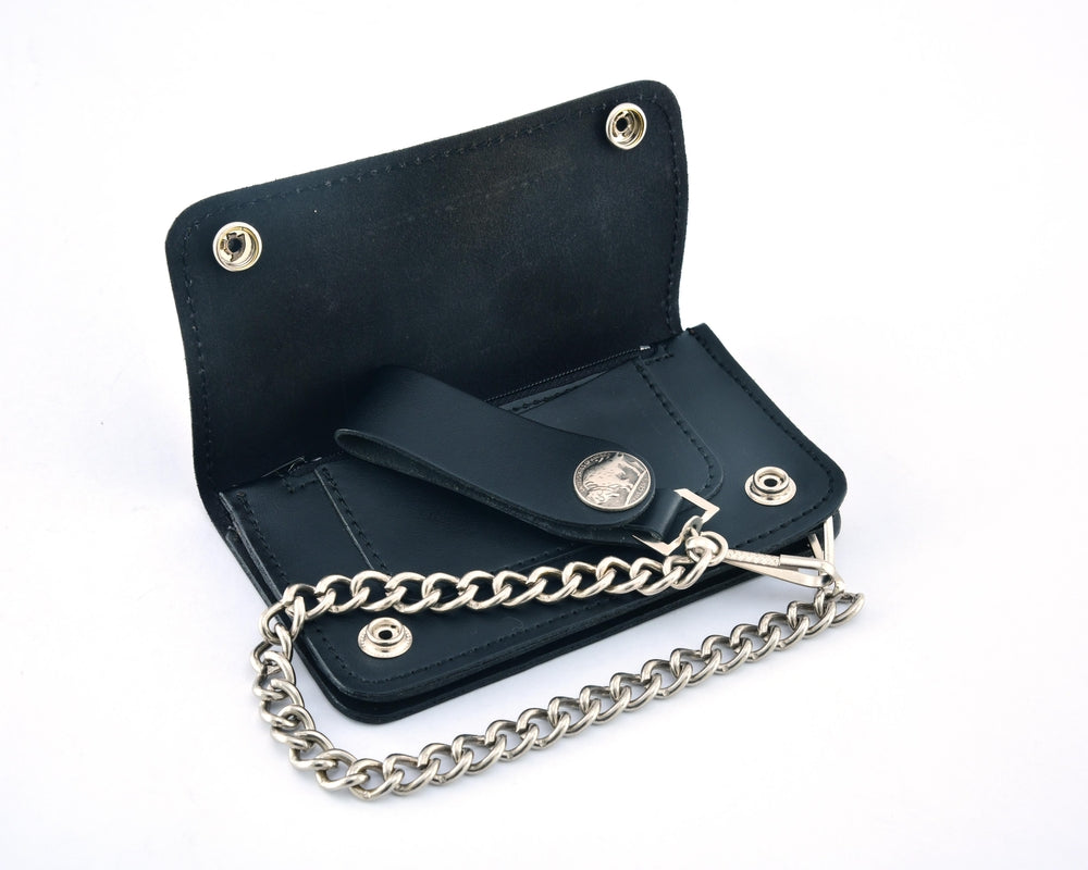 BWC232 Buffalo Nickel Snap Black Leather Long Bi-Fold Biker Wallet-wallets-Daniel Smart Mfg - Retail