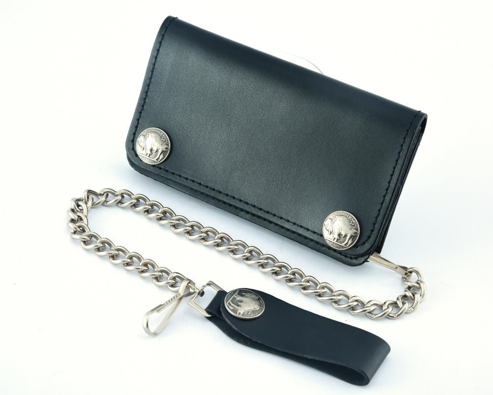 BWC232 Buffalo Nickel Snap Black Leather Long Bi-Fold Biker Wallet-wallets-Daniel Smart Mfg - Retail