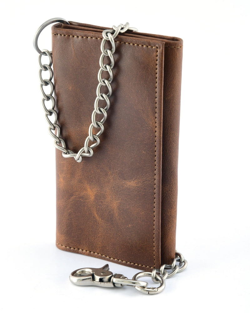 BWC234 Brown Long Bi-Fold Biker Leather Chain Wallet-wallets-Daniel Smart Mfg - Retail