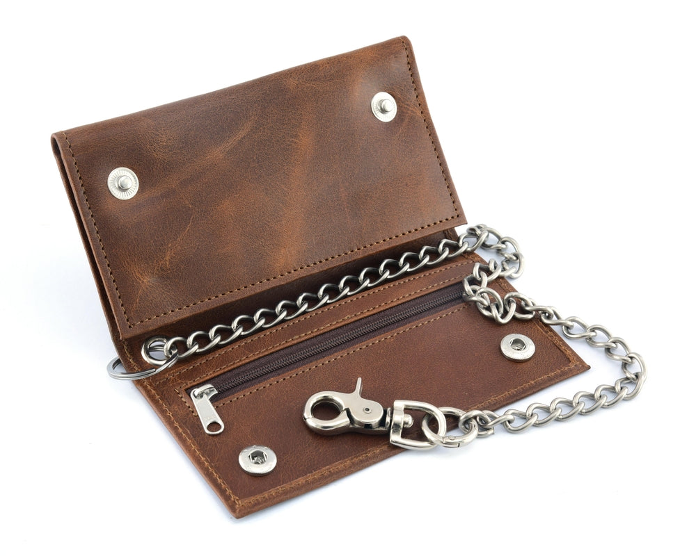 BWC234 Brown Long Bi-Fold Biker Leather Chain Wallet-wallets-Daniel Smart Mfg - Retail
