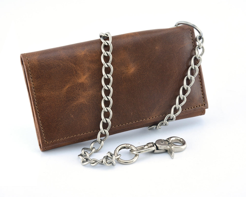Brown Long Bi-Fold Biker Leather Chain Wallet