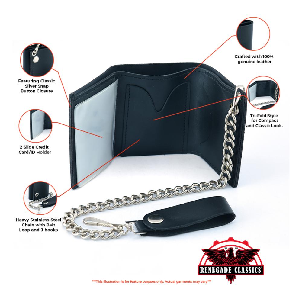 BWC235 Black Tri-Fold Genuine Leather Wallet with Chain-wallets-Daniel Smart Mfg - Retail