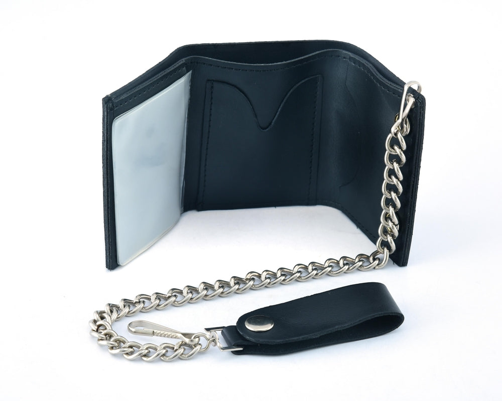 BWC235 Black Tri-Fold Genuine Leather Wallet with Chain-wallets-Daniel Smart Mfg - Retail