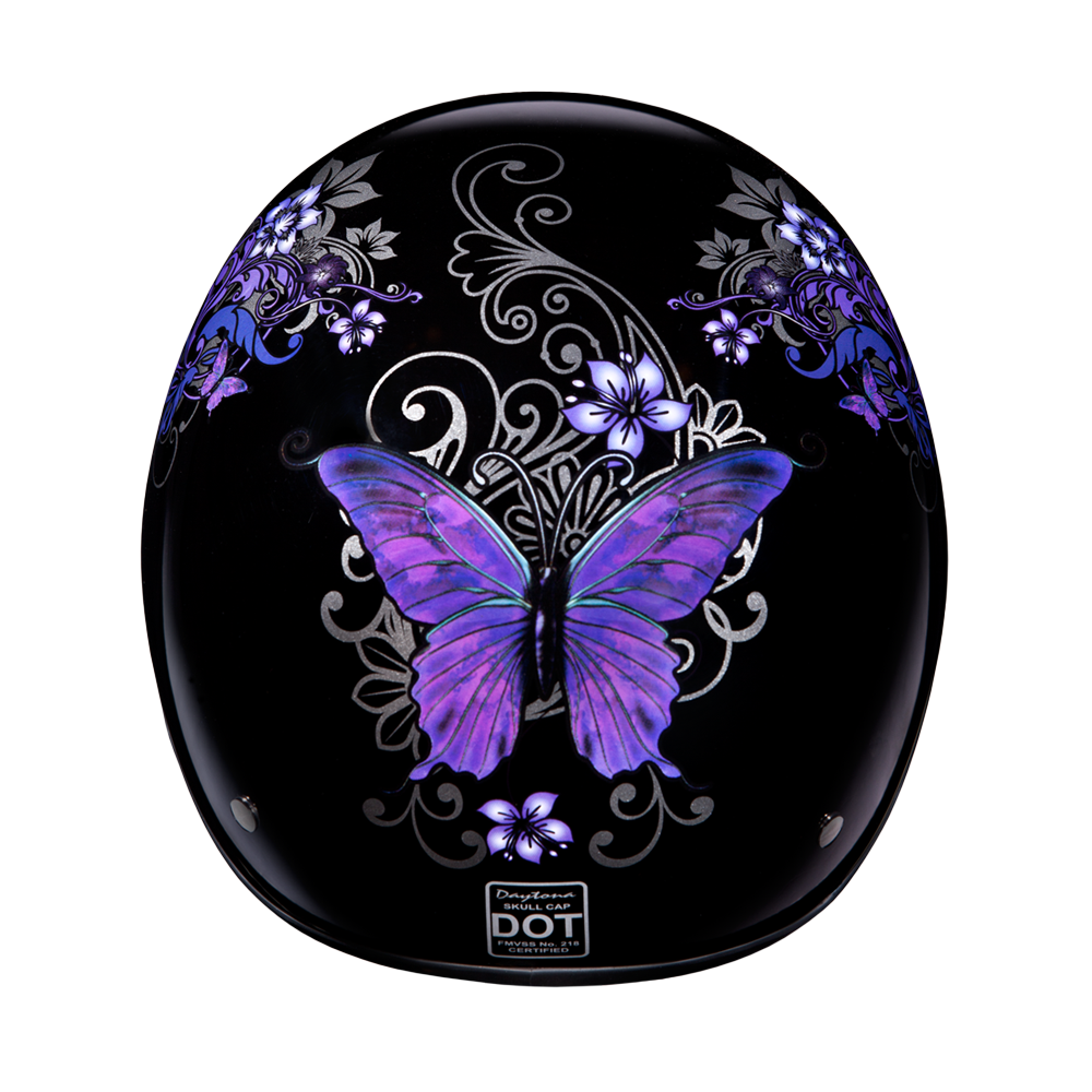 DOT Approved Daytona Motorcycle Half Face Helmet - Skull Cap Graphics for Men & Women, Scooters, ATVs, UTVs & Choppers - W/ Butterfly