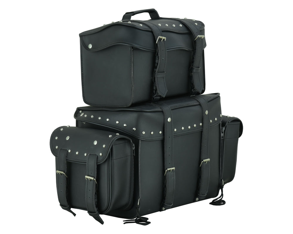 DS350S Leather Black PVC Large 4 Piece Motorcycle Touring Tail Bag wi-Sissy Bar Bags-Daniel Smart Mfg - Retail