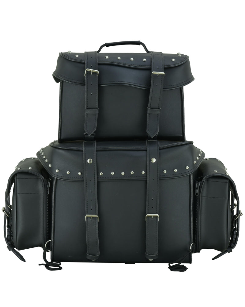DS350S Leather Black PVC Large 4 Piece Motorcycle Touring Tail Bag wi-Sissy Bar Bags-Daniel Smart Mfg - Retail