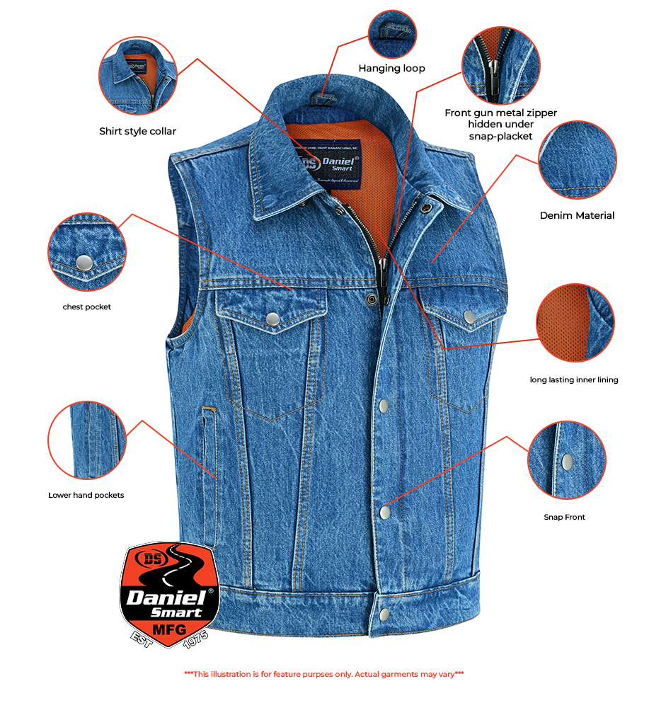 Ethan - Motorcycle Denim Vest-Mens Denim Vests-Daniel Smart Mfg - Retail