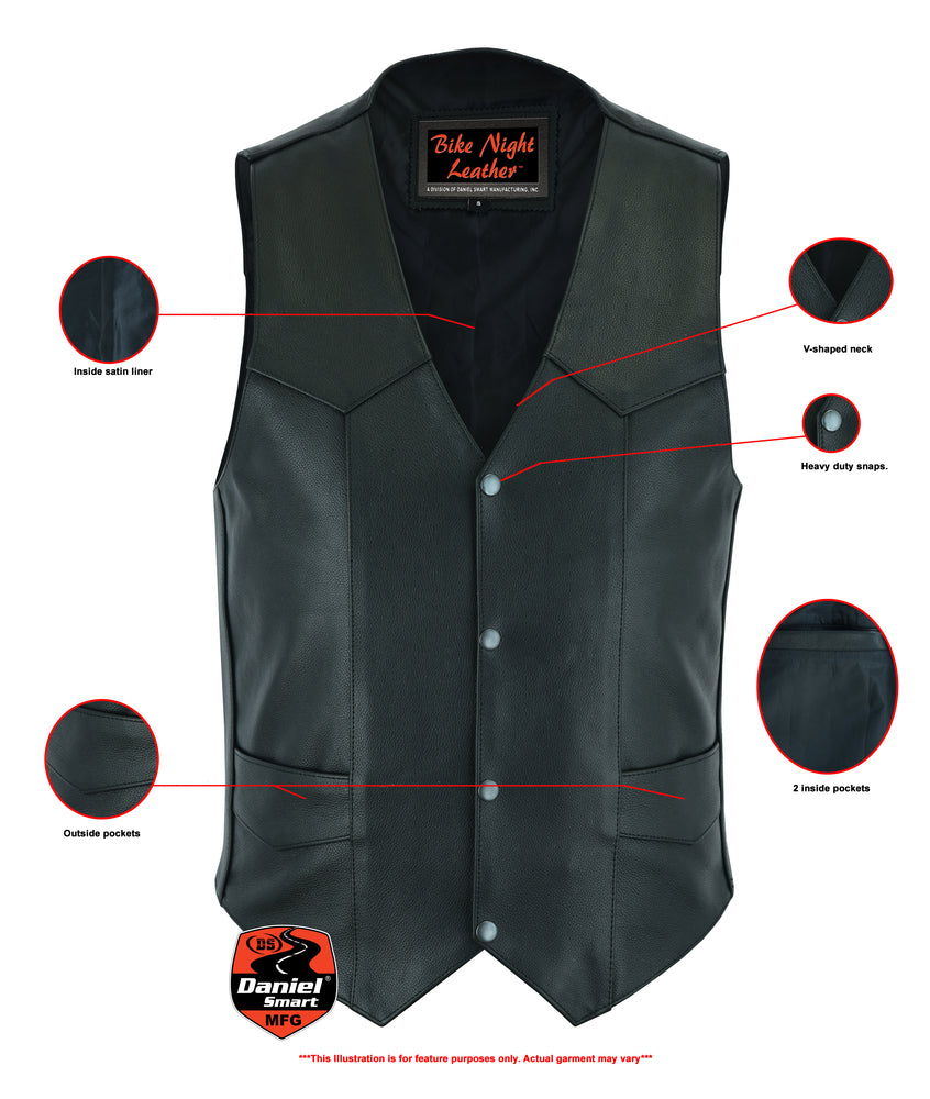 Men's Plain Side Economy Leather Motorcycle Vest-Mens Leather Vests-Daniel Smart Mfg - Retail