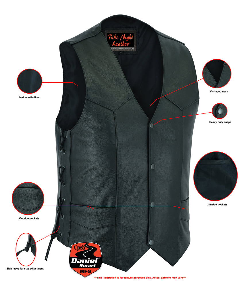 Men's Side Lace Economy Leather Motorcycle Vest-Mens Leather Vests-Daniel Smart Mfg - Retail