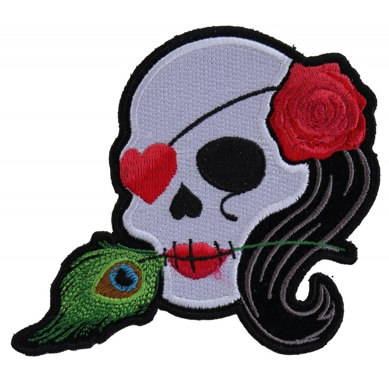P5145 Lady Sugar Skull With Pink Rose and Feather Small Patch-Patches-Daniel Smart Mfg - Retail