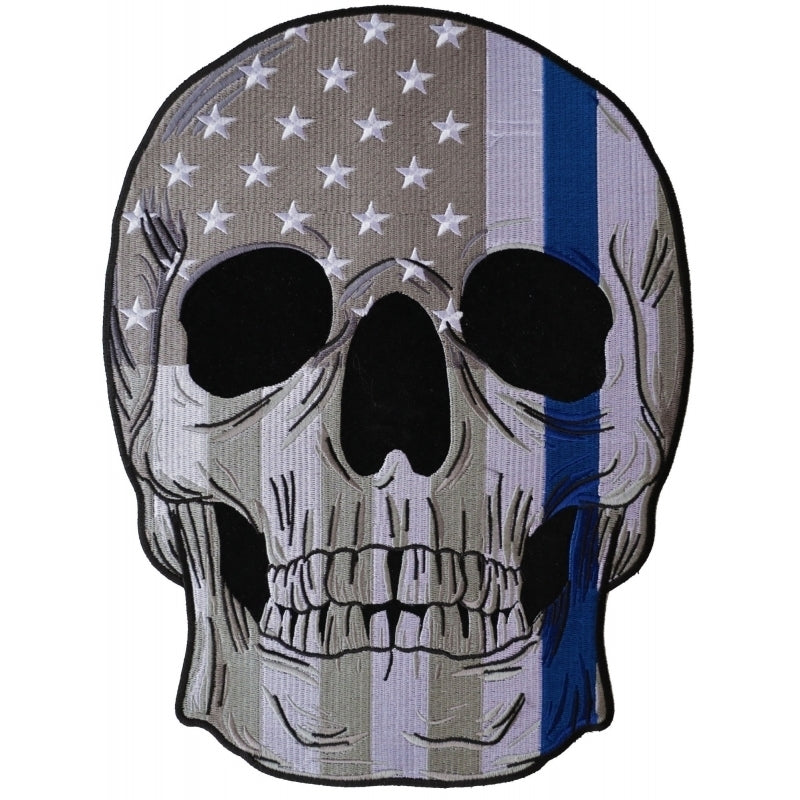 PL5995 Thin Blue Line Police Flag Skull Embroidered Iron on Patch-Patches-Daniel Smart Mfg - Retail