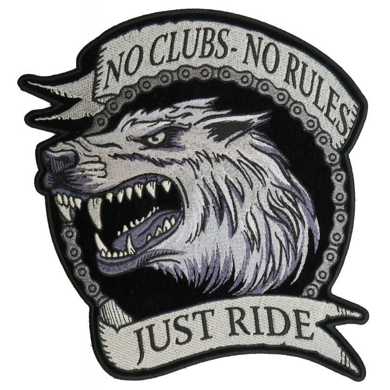 PL6138 No Clubs No Rules Just Ride Wolf Embroidered Iron on Biker Bac-Patches-Daniel Smart Mfg - Retail