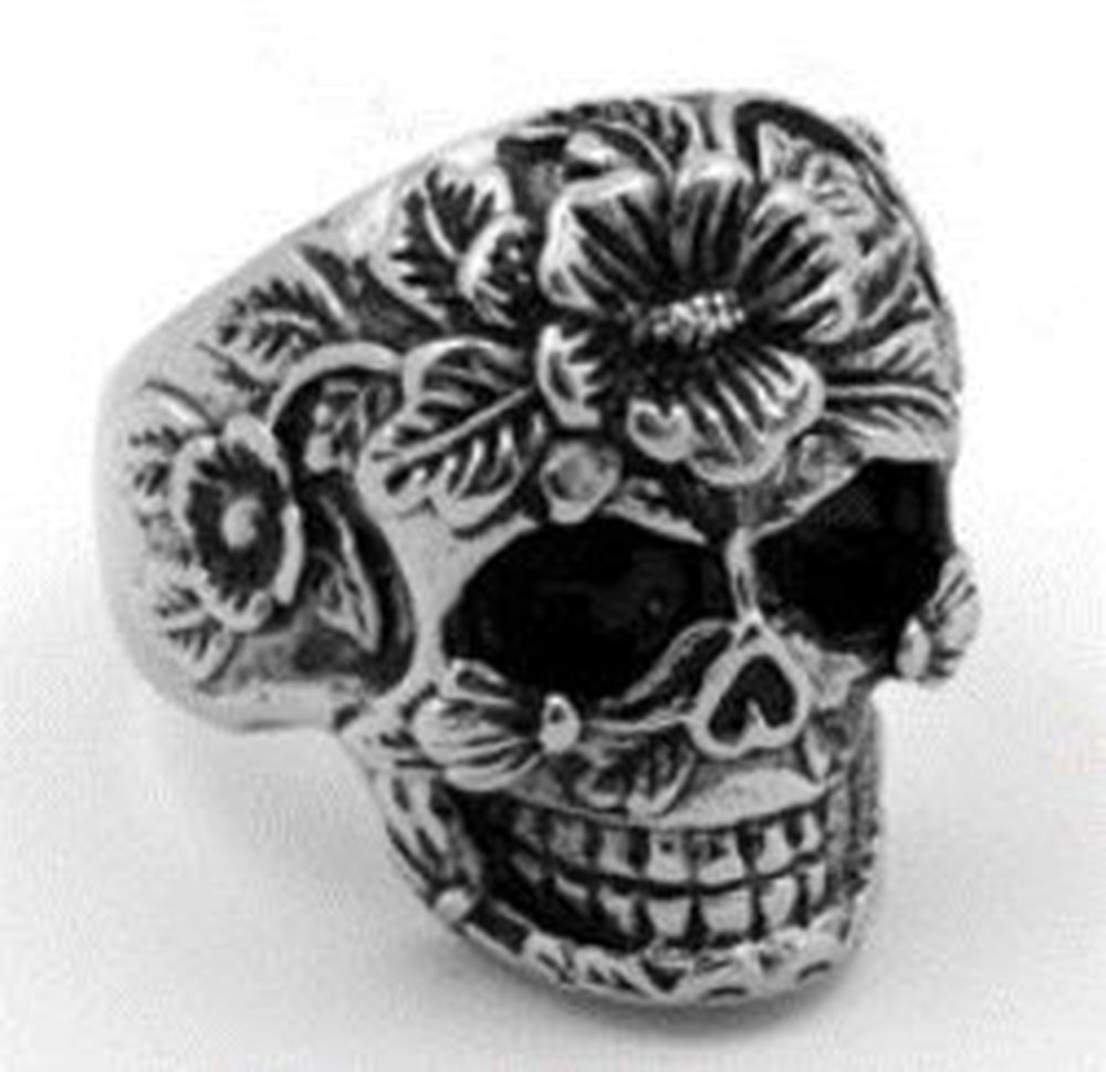 R111 Stainless Steel Flower Face Skull Biker Ring-Rings-Daniel Smart Mfg - Retail