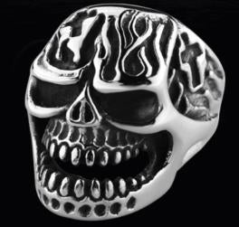 R122 Stainless Steel Fire Face Skull Biker Ring-Rings-Daniel Smart Mfg - Retail