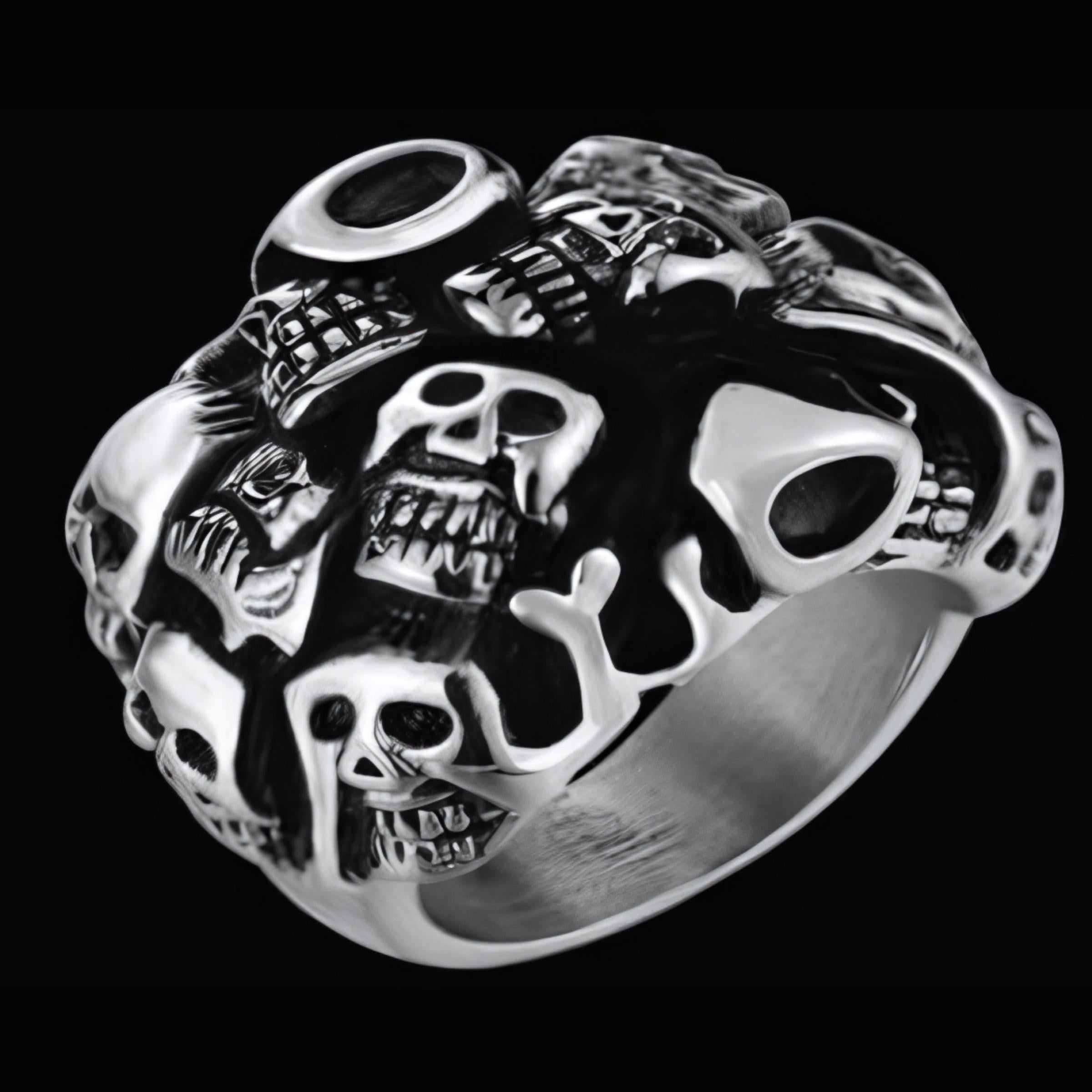 R146 Stainless Steel Many Faces Skull Biker Ring-Rings-Daniel Smart Mfg - Retail