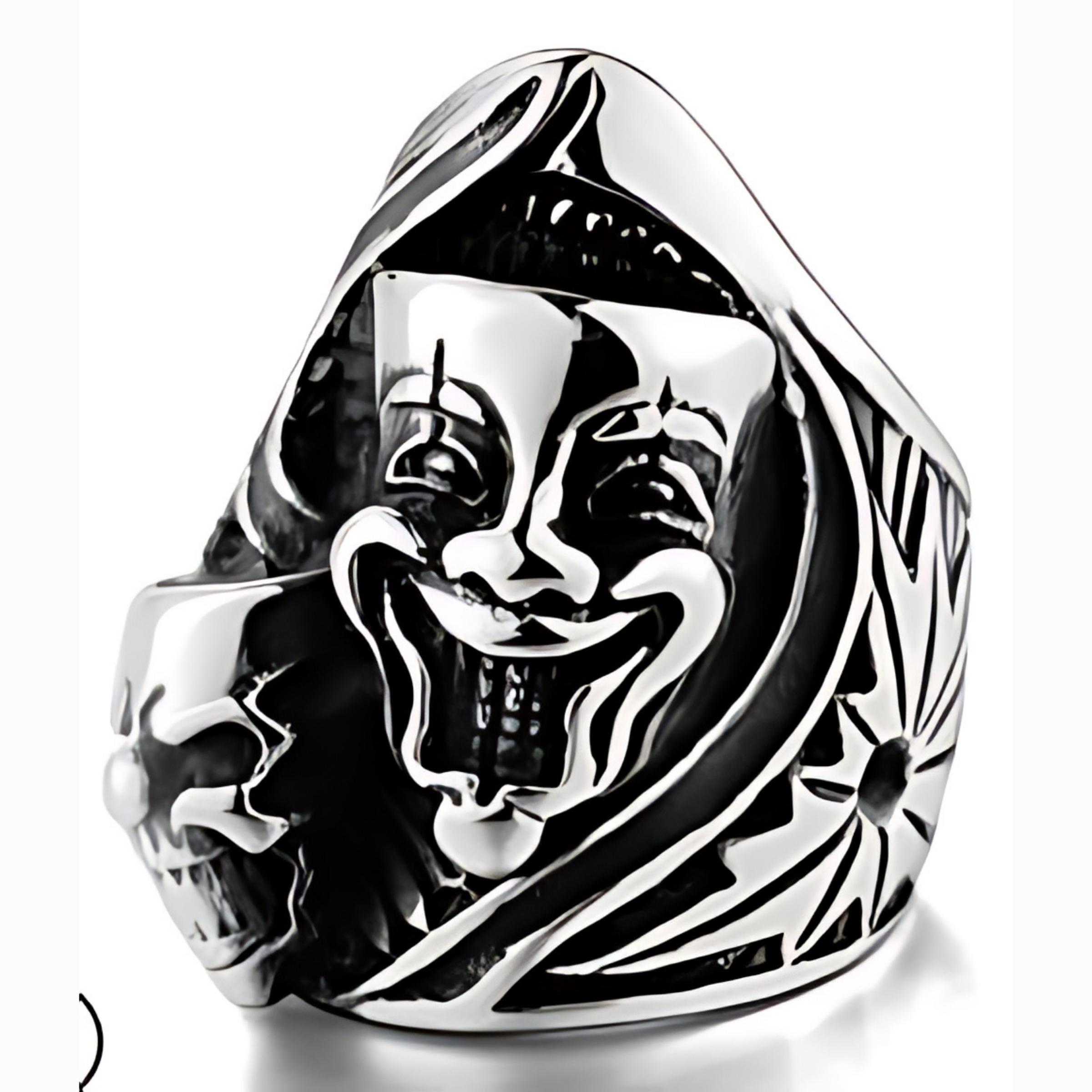 R158 Stainless Steel Joker Face Skull Biker Ring-Rings-Daniel Smart Mfg - Retail