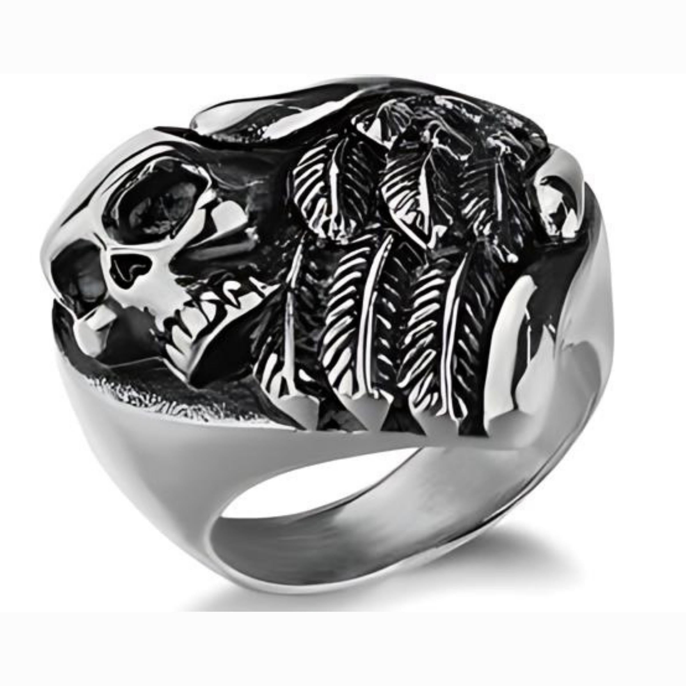 R196 Stainless Steel Feather Wings Skull Biker Ring-Rings-Daniel Smart Mfg - Retail
