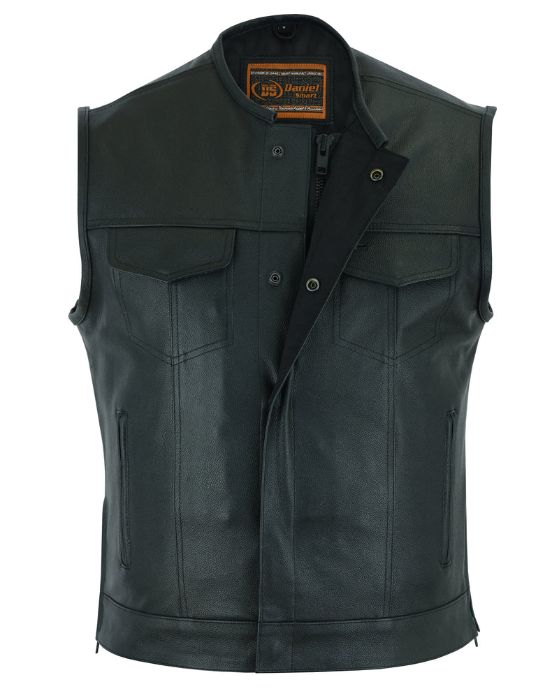 Daniel Smart Men's Leather Biker Vest - Buffalo Hide With Side Laces, Multiple Pockets, For Motorcycle Riding