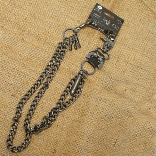 WA-WC7031 Wallet Chain with a skull / g*ns / bel*et designs, double c-Wallet Chains/Key Leash-Daniel Smart Mfg - Retail