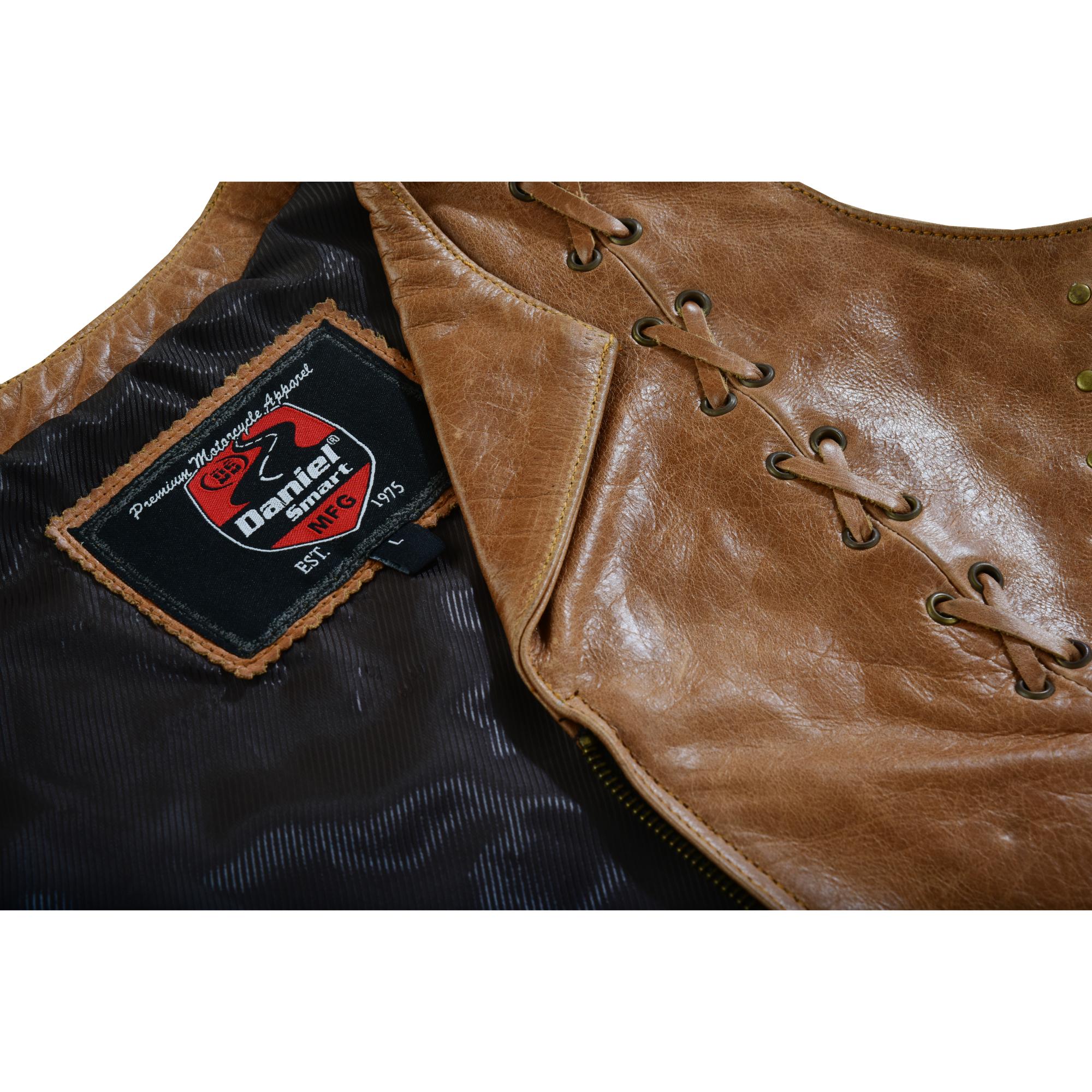 Women's Brown Zippered Leather Vest with Lacing Details-Womens Leather Vests-Daniel Smart Mfg - Retail