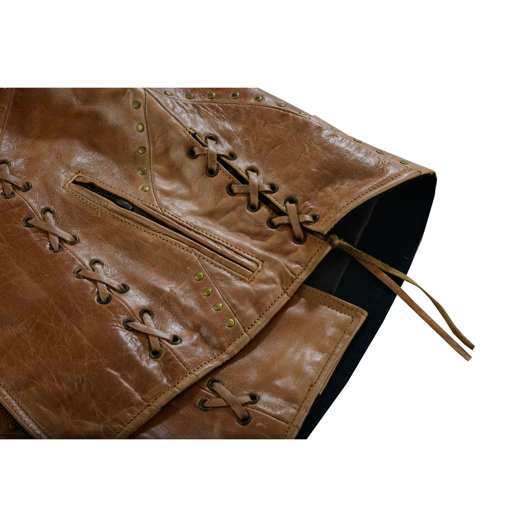 Women's Brown Zippered Leather Vest with Lacing Details-Womens Leather Vests-Daniel Smart Mfg - Retail